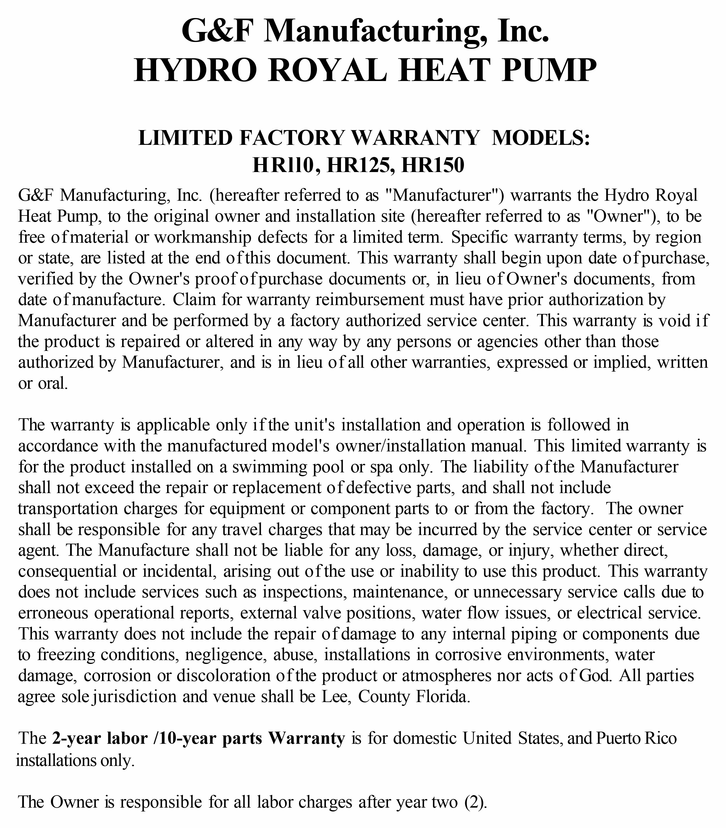 Hydro Royal Warranty